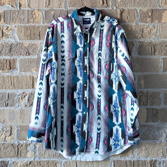 VTG 80s Wrangler Chamois Southwestern Aztec Tribal Long Sleeve Snap Shirt 19x36 - Picture 1 of 9